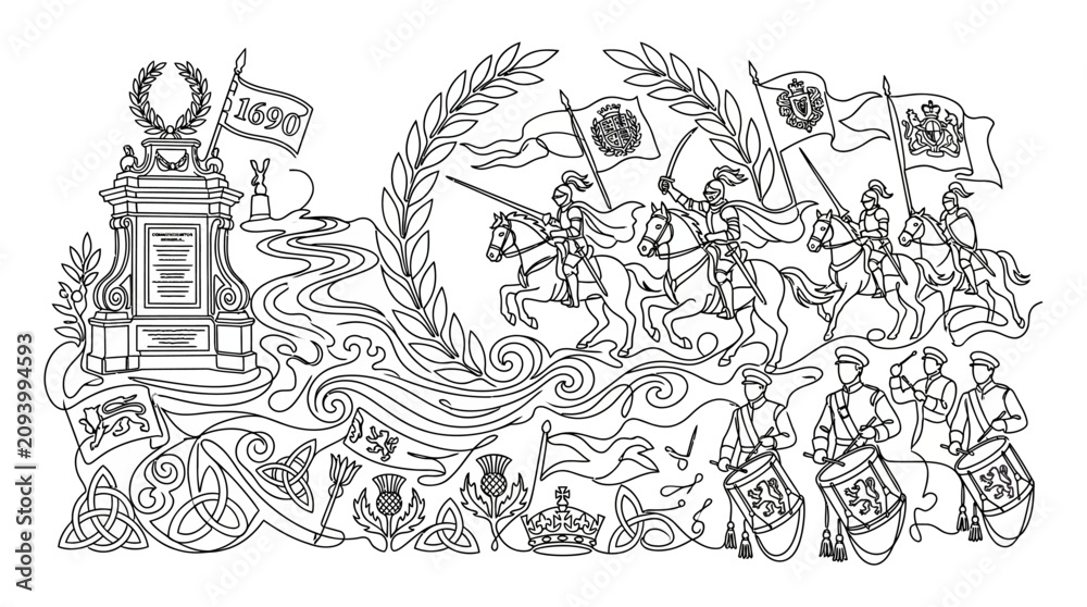 Obraz premium Historical Scottish Procession with Monument, Knights, and Drummers