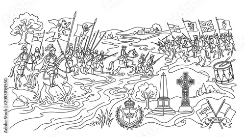 Vászonkép Battle of the Boyne historical line art drawing with soldiers, cavalry, flags an