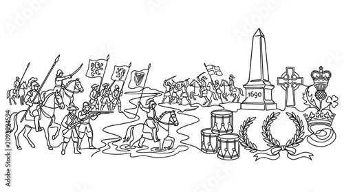 Bild auf Leinwand Historical Battle Scene Illustration: Cavalry, Infantry, Flags, Drums, and Monum