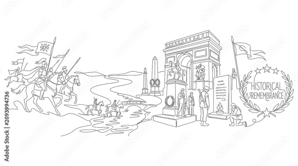 Obraz premium Historical Remembrance: Arch, Monuments, Soldiers, Cavalry, River, Landscape