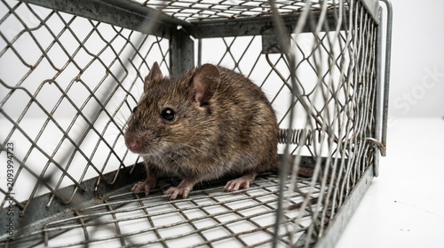 Fotografie A close-up shot of a small brown mouse caught in a humane metal trap, isolated against a clean white backdrop, highlighting its capture