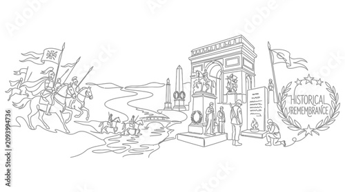 Tableau sur toile Historical Remembrance: Arch, Monuments, Soldiers, Cavalry, River, Landscape