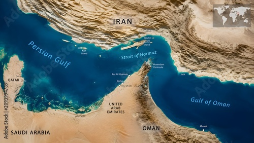 Obraz na płótnie Strait of Hormuz Satellite Map Showing Persian Gulf Gulf of Oman and Middle East