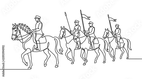 Photos Continuous line drawing of a cavalry troop on horseback with flags, historical i