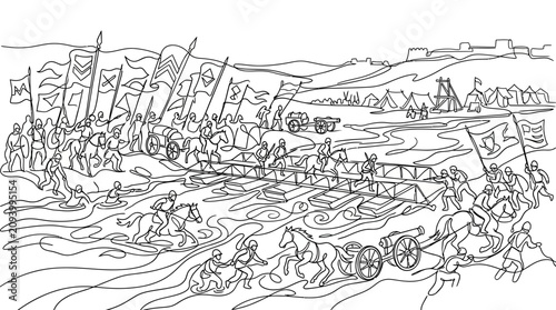 Tableau sur toile Ancient Army Crossing River with Cavalry, Infantry, and Chariots - Line Art