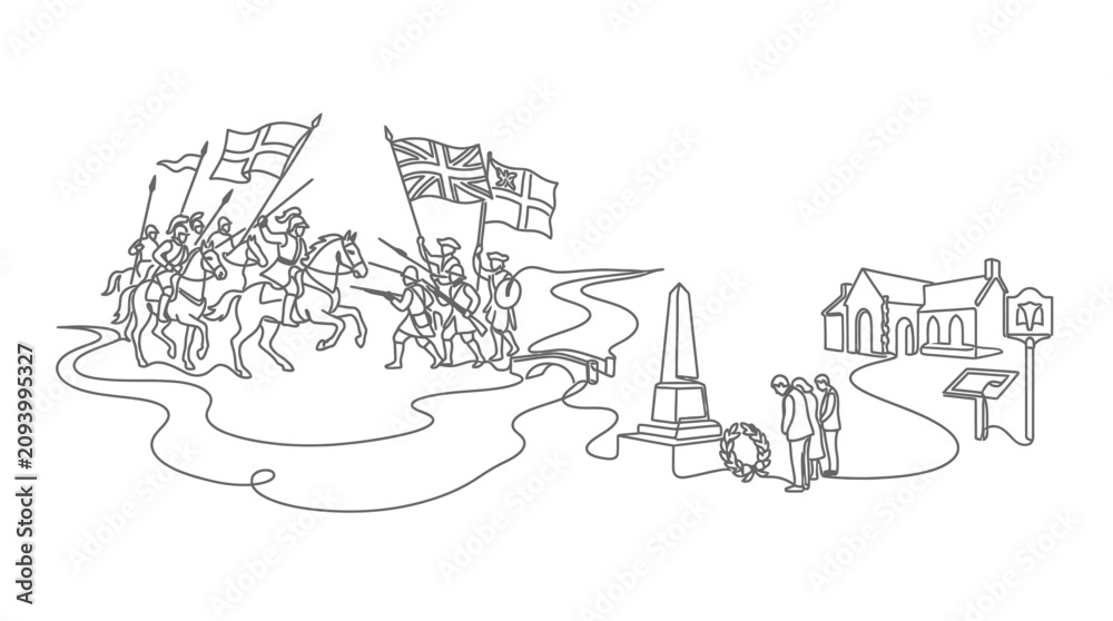 Obraz premium Historical Military March with Flags, Monument, and Village Scene