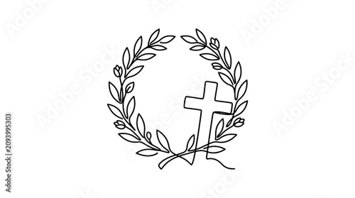 Bilde på lerret Christian Cross and Laurel Wreath Line Art - Symbol of Faith, Victory, and Remem