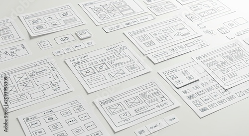 Hand-drawn Website Wireframes: UI/UX Design Sketches on White Paper.