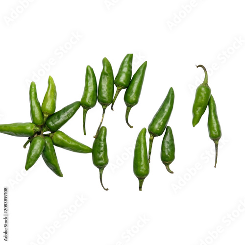 Green chili peppers on a white background