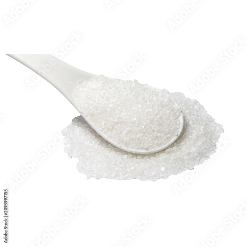 Foto White sugar crystals on spoon and pile isolated on white background