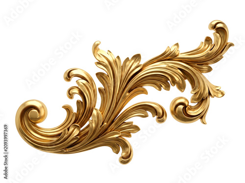 Golden ornate baroque acanthus leaf scroll isolated on transparent background