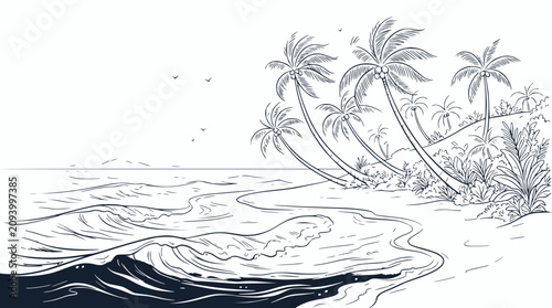 Bild auf Leinwand Tropical Beach Landscape Drawing, Palm Trees, Ocean Waves, Sandy Shoreline, Summ