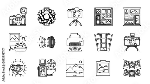 Konstfotografi Photography Icons Set: Camera, Lens, Printer, Photo Frames, Film Roll, Darkroom