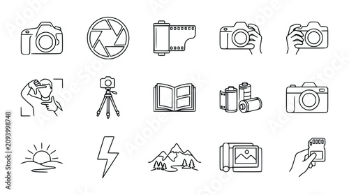 Obraz na plátně Photography Icons Set: Camera, Film, Tripod, Light Meter, SD Card, Sunset, Mount