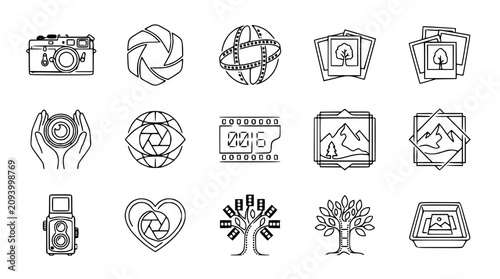 Принти на полотні Photography Icons: Camera, Lens, Film, Photos, Globe, Tree, Heart & Nature Graph