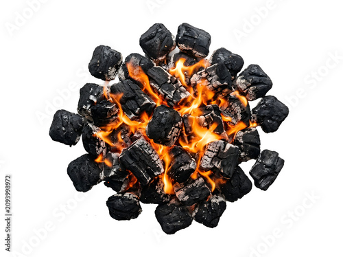 Burning charcoal briquettes isolated on transparent background