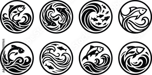 Bild auf Leinwand Minimalist black fish logo icon set featuring round vector emblems with sea waves, jumping salmon, swimming tuna, and ocean currents for seafood restaurant or fishing brand designs