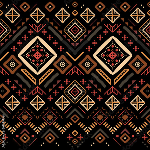 Zigzag tribal chevron seamless pattern. African, Aztec. Geometric vector oriental background. Multicolor backdrop with triangles, dots, and diamonds. Mayan Lines, stripes.