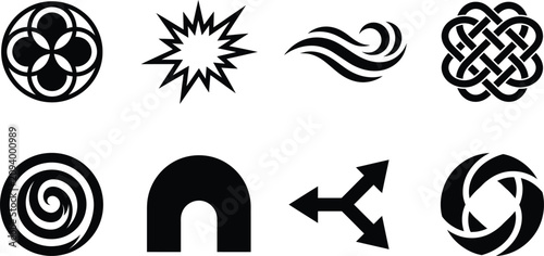 Fotografie Minimalist black abstract icon set featuring geometric vector elements like a Celtic knot, spiral vortex, starburst flash, wind wave, and three-way arrow symbol for modern logo designs
