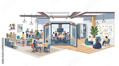 Modern startup incubator workspace with minimalist interior design and collaborative office environment