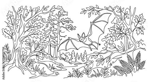 Fotografie Bat Flying Through Enchanted Forest Outline Drawing