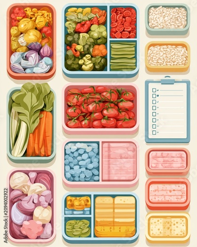 Vertical Clean digital art illustration of meal prep containers filled with fresh vegetables, grains, and cheese for a weekly diet plan. Healthy eating, nutrition, and food planning concept.