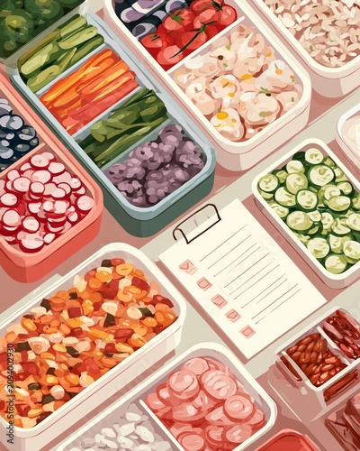 Vertical Warm palette digital art of weekly meal prep containers organized with a diet plan checklist on a kitchen counter, concept for nutrition planning and healthy lifestyle management.