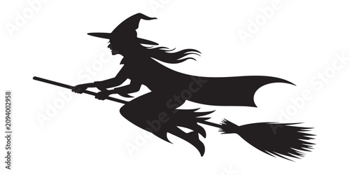 Foto Black silhouette of witch flying on broomstick in magical night isolated on white background for halloween decoration