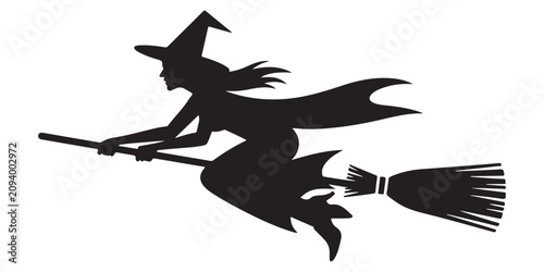 Fotografía Black silhouette of witch flying on broomstick in magical night isolated on white background for halloween decoration