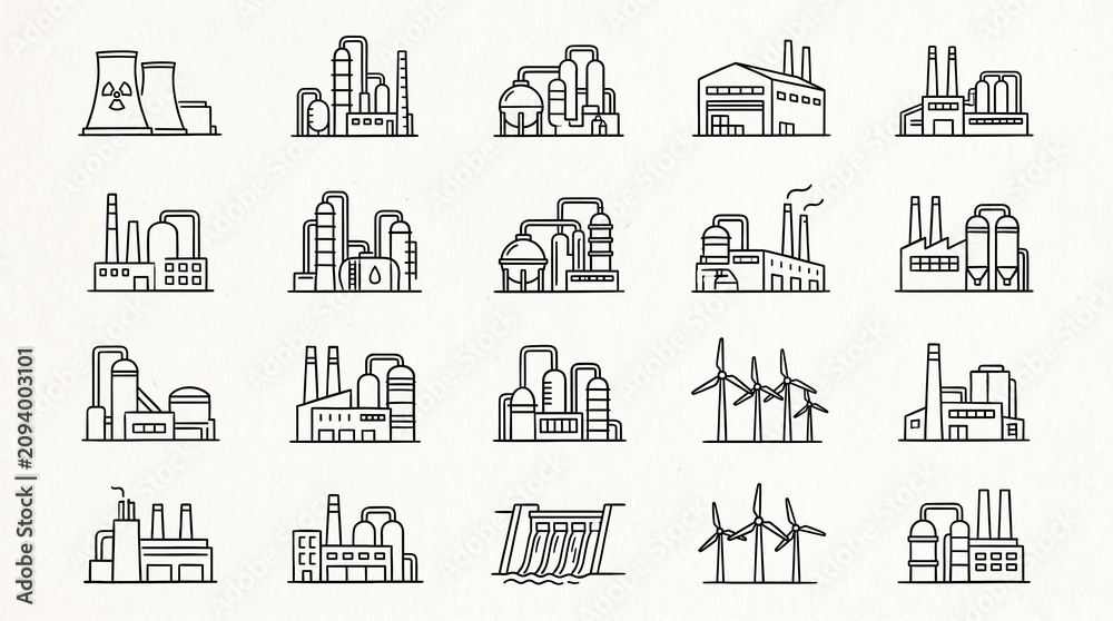 Fototapeta premium Industrial facility icons showing factories, refineries, power plants, wind turbines, hydroelectric dams, clean minimalist black line design.