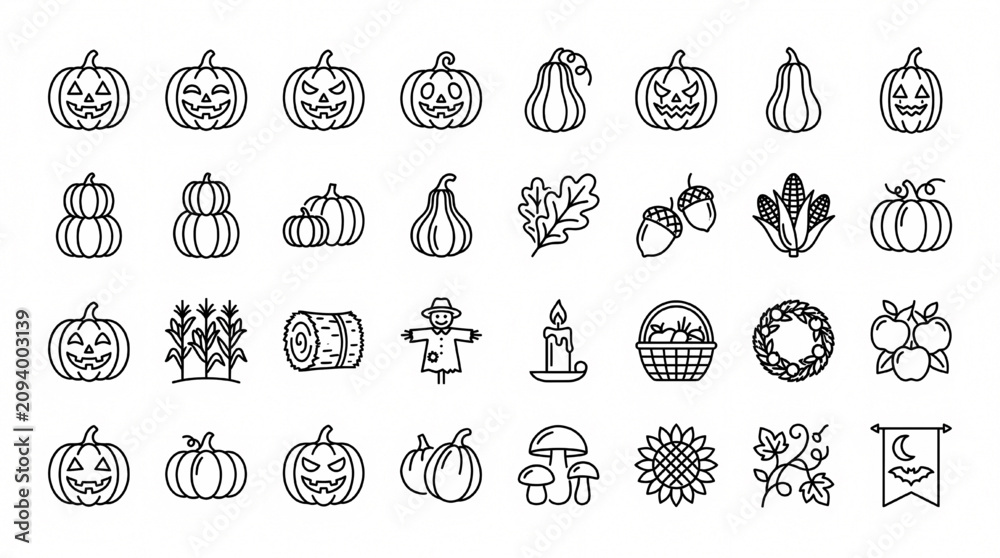 Fototapeta premium Pumpkin Harvest Halloween Icons Autumn Vector Seasonal Collection