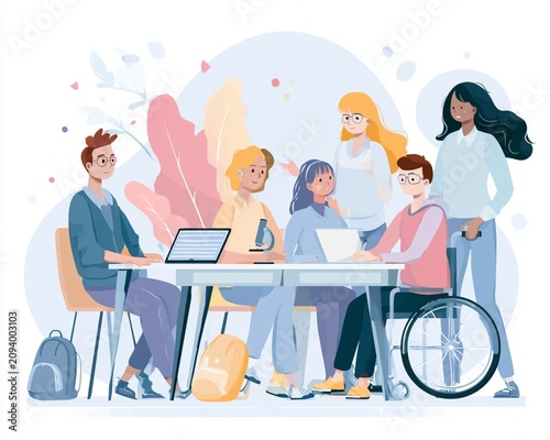 Soft pastel flat character illustration of diverse students, including a person in a wheelchair, collaborating in a modern classroom for a concept on inclusive education and teamwork.