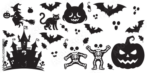 Tableau sur toile Spooky halloween silhouettes including witch on broomstick haunted house skeleton and black cat graphic icons