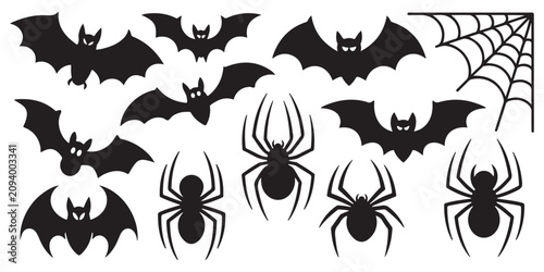 Bild auf Leinwand Collection of halloween bats and spiders silhouette icons, spooky elements for holiday decoration