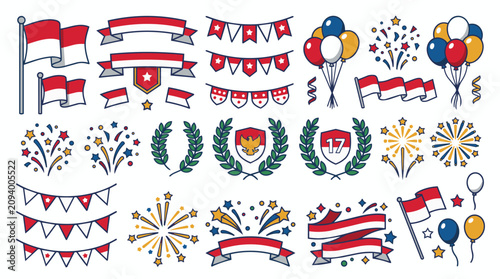 Schilderij op canvas A vibrant collection of hand-drawn elements for Indonesian Independence Day, featuring flags, banners, balloons, fireworks, and national emblems in red and white colors