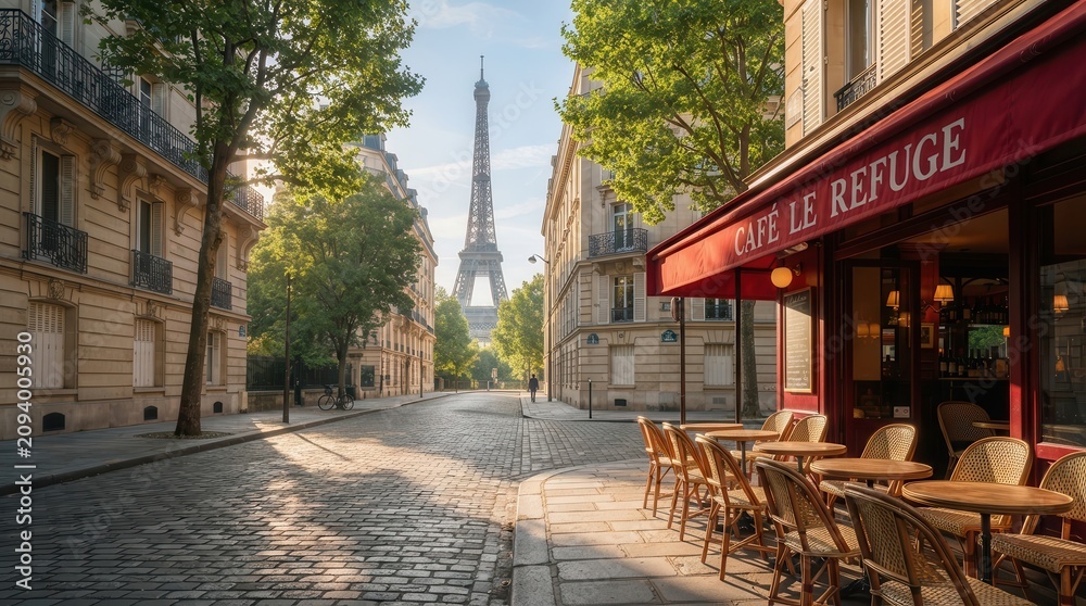 Fototapeta premium An empty cobblestone street with local cafes and the Eiffel Tower in Paris during summer morning.