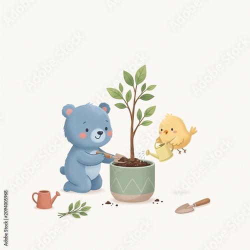 Adorable illustration of a cute blue bear and a yellow chick gardening together, planting a small tree in a decorative pot
