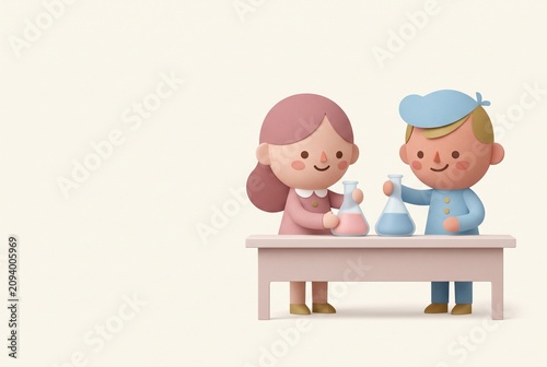 3D Illustration of Cute Boy and Girl Characters Performing Science Experiments with Flasks