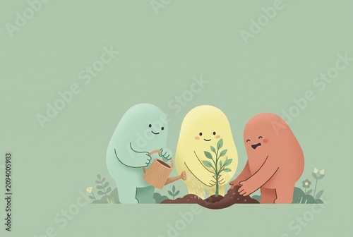 Three cute cartoon characters working together to plant and water a small tree in a garden