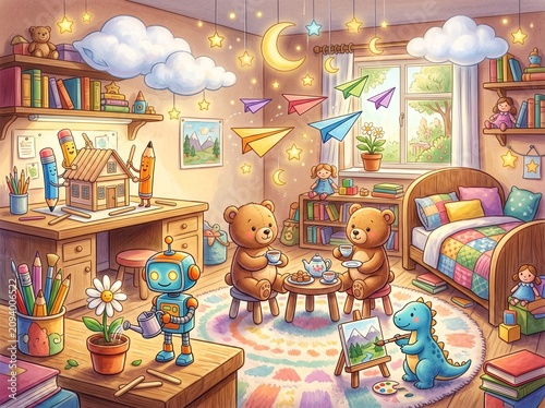 Whimsical Watercolor Illustration of a Magical Children's Bedroom with Living Toys