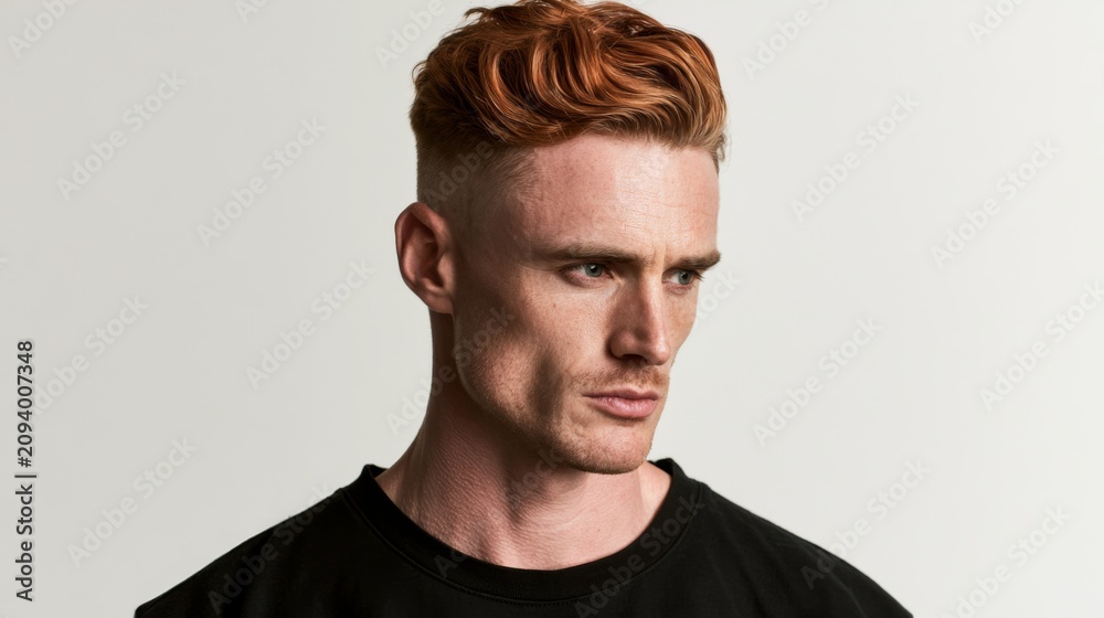 Fototapeta premium Portrait of a Confident Young Man with Red Hair and Strong Facial Features Against a Neutral Background in a Studio Setting