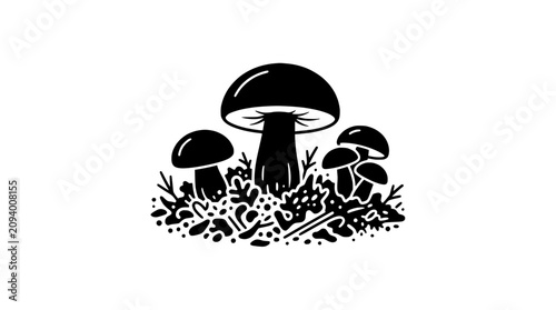 Tableau sur toile Black and white illustration of forest mushrooms growing in foliage on a white b