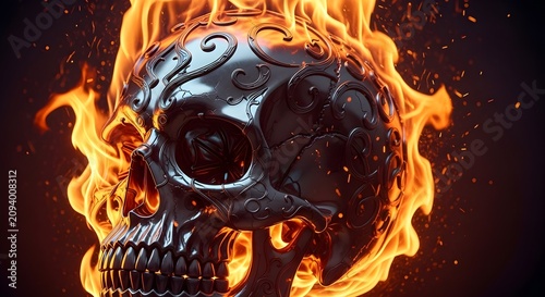 Ornate Black Metallic Skull Engulfed in Intense Glowing Orange Flames and Burning Sparks on Dark Background
