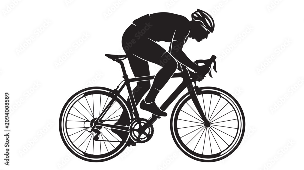 Fototapeta premium Black Silhouette of a Male Cyclist Riding a Road Bicycle in Racing Posture on White Background