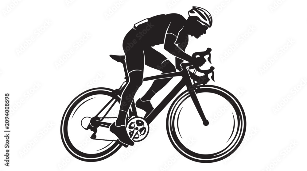 Fototapeta premium Black Silhouette of Professional Cyclist Racing on Road Bike Isolated on White Background