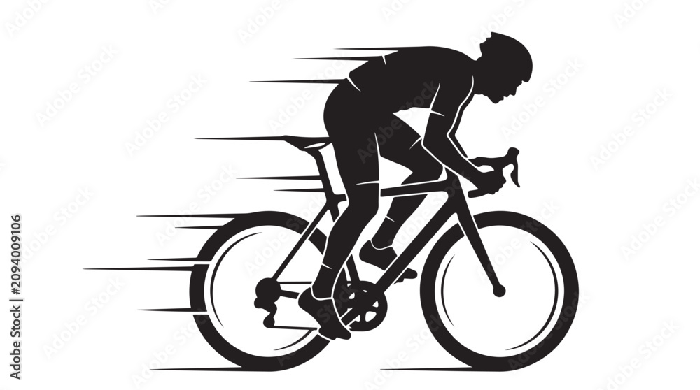 Fototapeta premium Professional Road Cyclist Silhouette Racing Fast with Speed Motion Lines on White Background