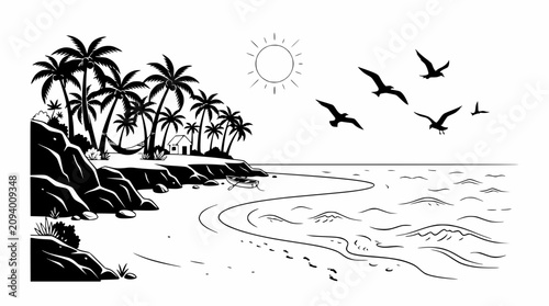 Foto Tropical Beach Paradise with Palm Trees, Hammock, and Flying Birds at Sunset