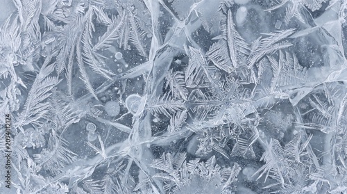 Frozen Ice Crystal Texture Background with Frost Patterns and Cracked Winter Surface