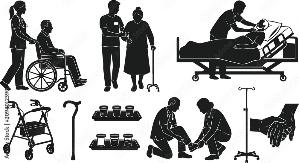 Fototapeta premium Elderly Nursing Home and Patient Care Icon Set with Wheelchair, Hospital Bed, Caregivers, Walkers, Medicine Cups, and Geriatric Healthcare Silhouettes for Medical Media Designs