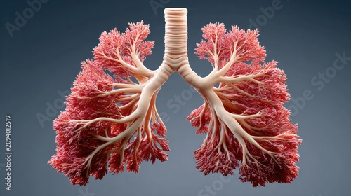 Human Lungs Anatomy: A detailed, three-dimensional rendering of the human respiratory system, showcasing the intricate network of bronchi and alveoli, symbolizing life and health.